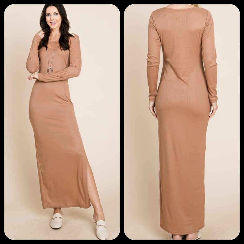Light Brown V-Neck Maxi Dress